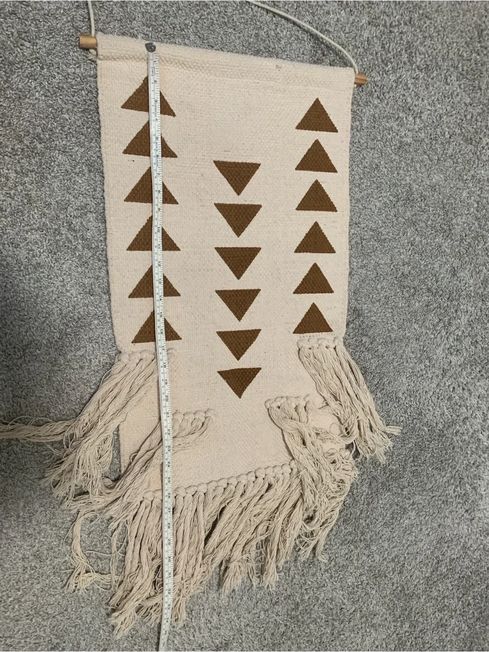 Boho Neutral Cream Macramé Wall Hanging with Brown Triangle Pattern